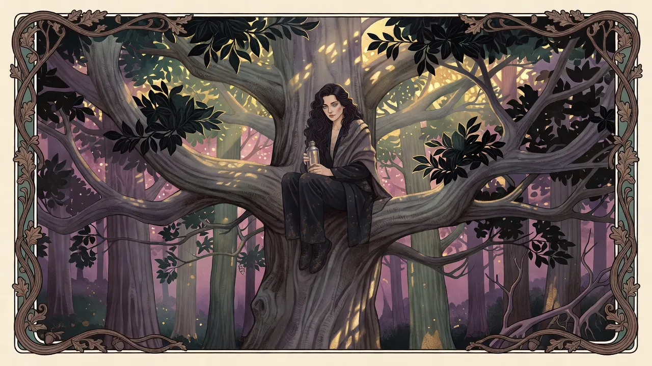 A pale young woman with long dark curly hair sits high on a branch of a vast old tree in a gold-lit forest, a blanket around her shoulders.