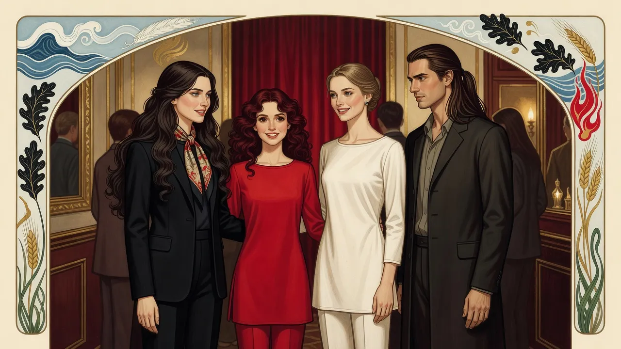 Four people meet in the warm lamplit lobby of a small theatre: a pale dark-haired woman in black, a laughing red-haired young woman, a tall fair woman in white and a man with a long ponytail.