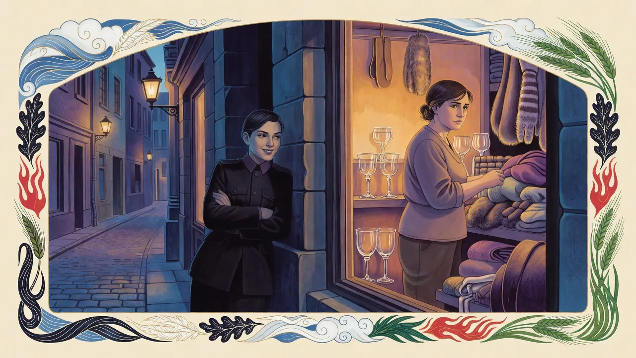 At dusk a young woman soldier with short dark hair leans in a shadowed doorway, watching a lit shop window across the street where a woman arranges a shelf.