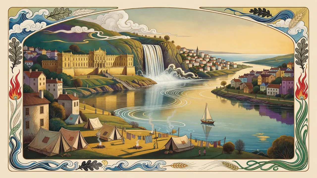 A hill city of pale stone rises beside a broad river in warm late light, a sprawling golden palace halfway up a green mountain next to a great waterfall, patched tents and drying laundry on the near bank.