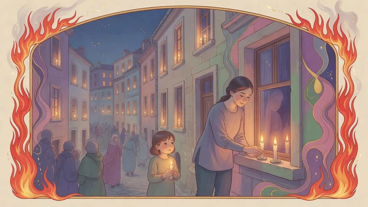 Candles glow in every window of a steep street of tall stone houses at nightfall while a woman and a small girl set lit candles on a windowsill.