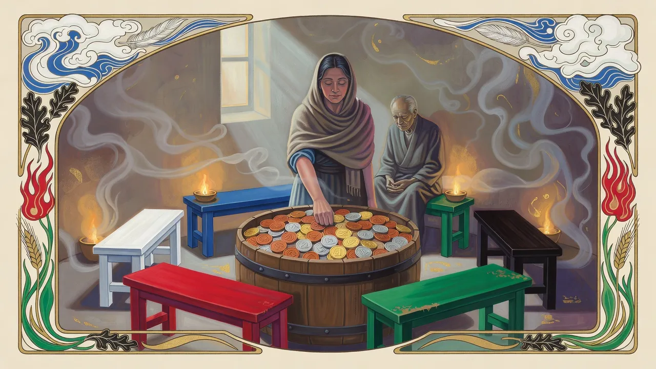 In a lamplit temple a woman with her eyes closed reaches deep into a barrel of coins while an old man meditates on a green bench behind her.