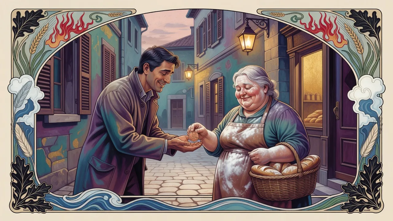 At dawn on a narrow stone street a tired, happy young man holds out cupped hands as a baker with a basket of loaves presses a small coin into them.