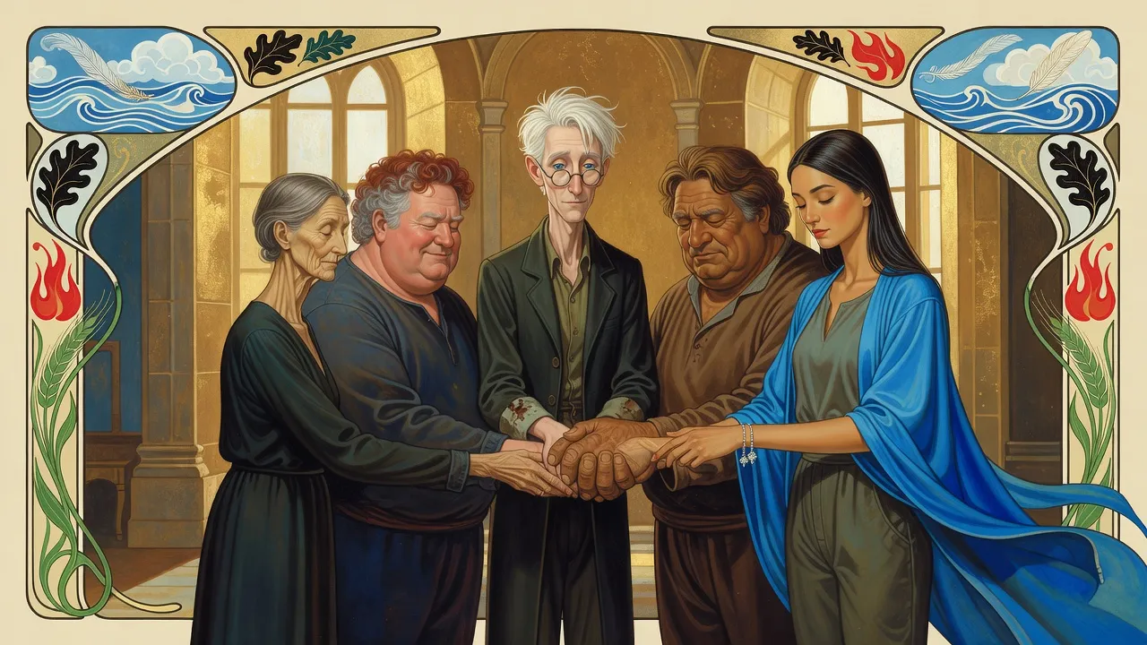 Five people stand in a ring holding hands with their eyes closed in a quiet palace room: a thin grey-haired woman, a big red-haired man, a tall thin white-blond man, a big brown man and a tall young woman with black hair.