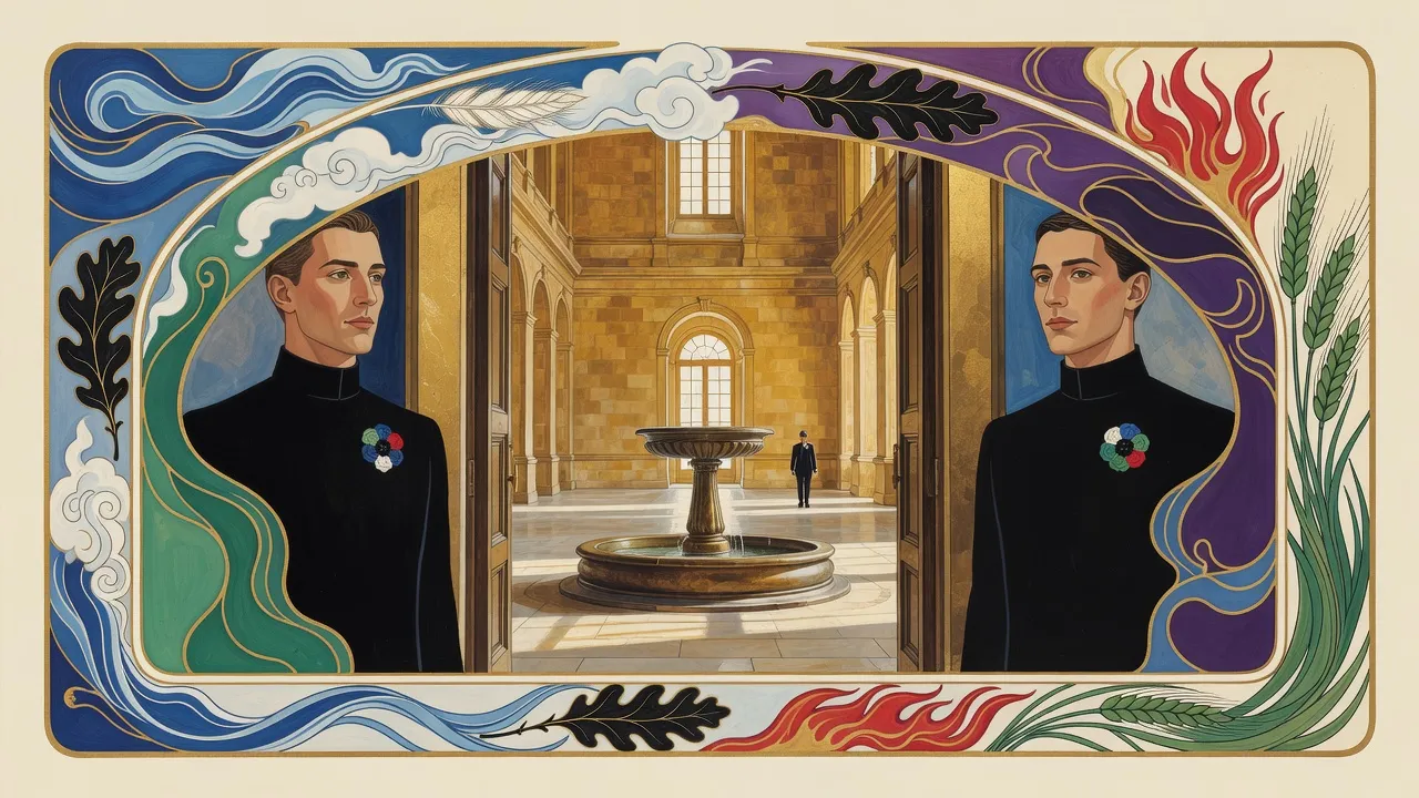 A vast, empty entrance hall of golden stone with a bronze fountain at its centre and two guards in black uniforms at its great doors.