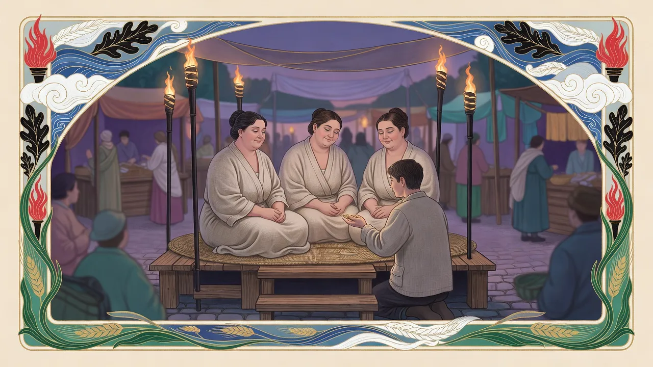 Three identical big-boned women sit cross-legged on a torchlit wooden dais in a crowded market plaza at dusk while a young man kneels before the middle one holding out a coin.