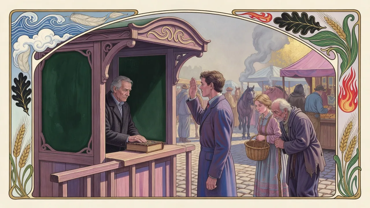 In a sunny market plaza a young man raises his right hand before a small wooden booth while a grey-haired keeper and two bystanders listen.