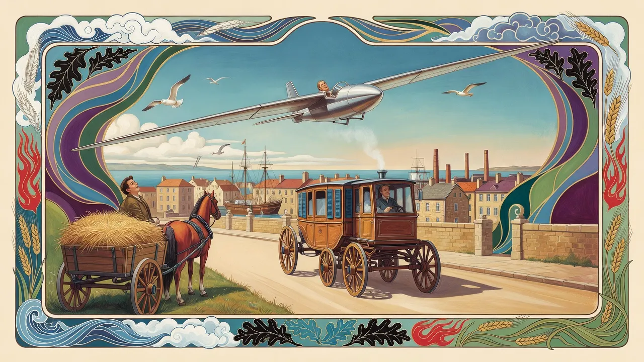On a road at the edge of a harbour town a long six-wheeled horseless carriage passes a horse-drawn hay wagon as a silver winged flying machine climbs over the sea.