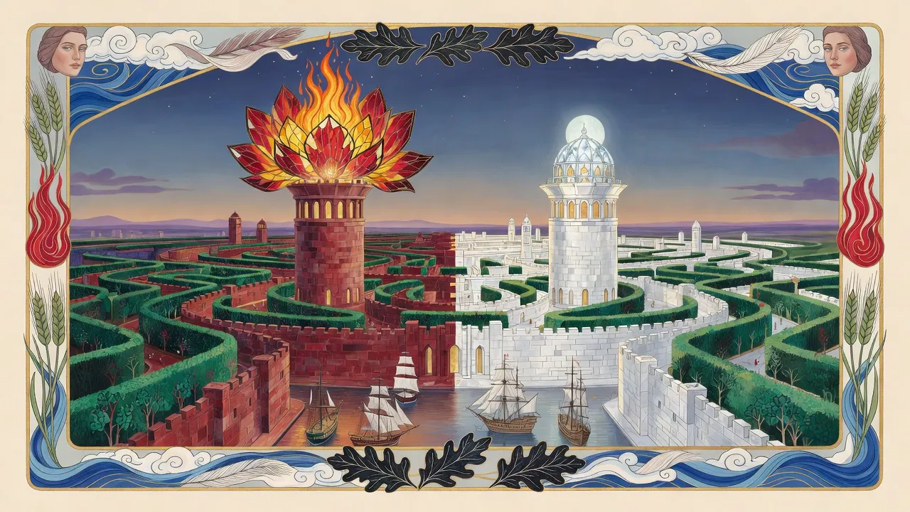 At dusk a harbour city split into red and white halves holds two great towers, one crowned with a blazing fire inside petals of coloured glass, the other with a softly glowing crystal dome.