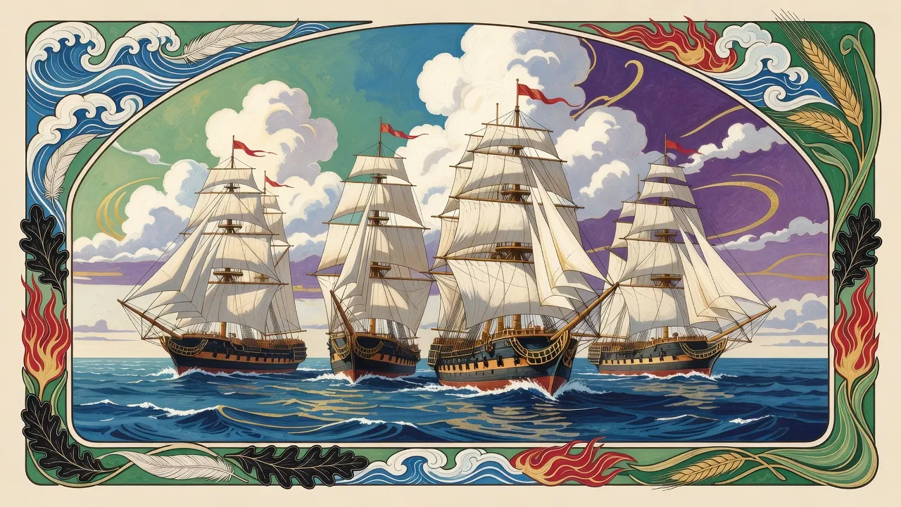 Four great tall-masted warships under full white sail drive through a deep blue sea in a line beneath towering clouds.