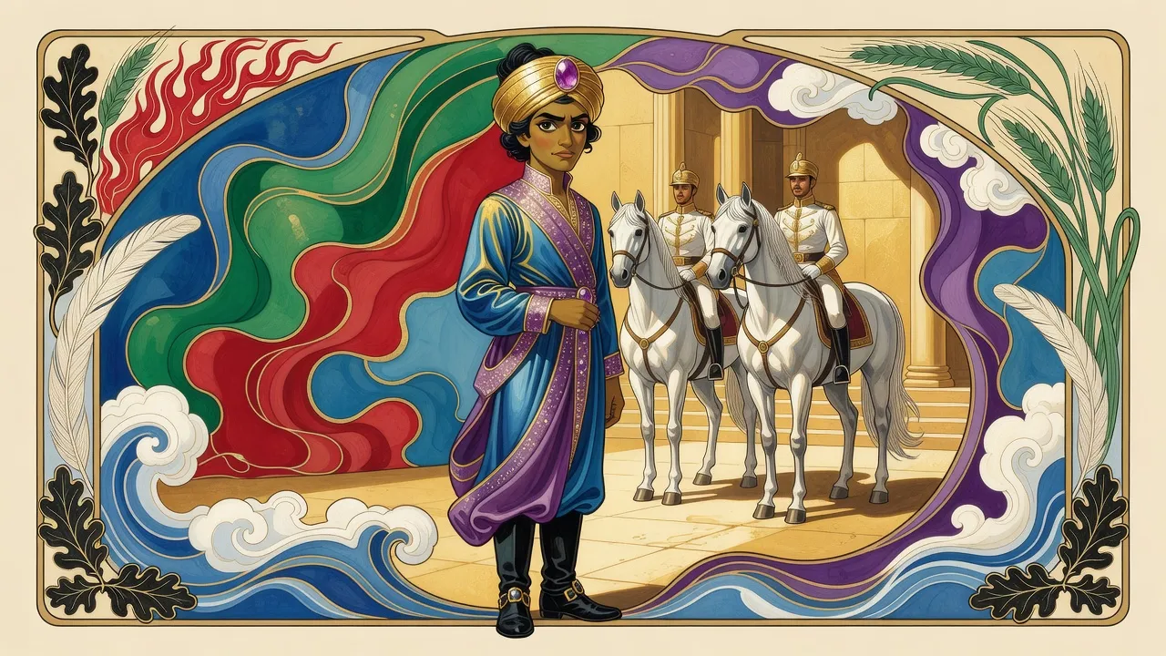 A haughty olive-skinned prince in a cloth-of-gold turban set with a great amethyst stands in a sunlit stone courtyard, two soldiers in gold and white holding white horses behind him.